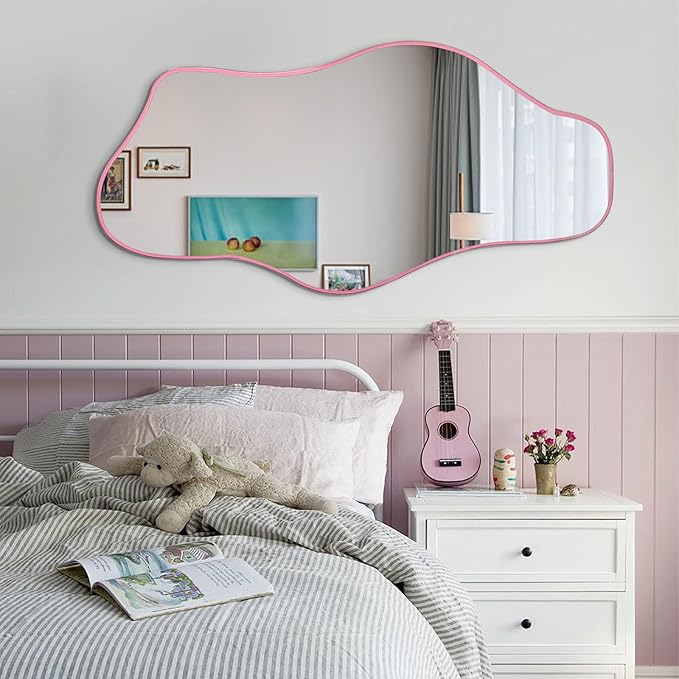 Irregular Tempered Glass Mirror, 47.2"x24" Pink Asymmetrical Aesthetic Wall Mirror, Modern Organic Shape Frameless Mirrors for Living Room Hallway Entryway, Horizontal or Vertical Hanging