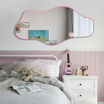 Irregular Tempered Glass Mirror, 47.2"x24" Pink Asymmetrical Aesthetic Wall Mirror, Modern Organic Shape Frameless Mirrors for Living Room Hallway Entryway, Horizontal or Vertical Hanging