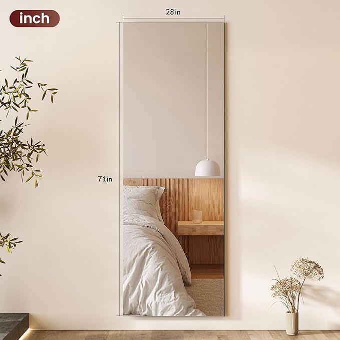Kosmonia 71x28 Frameless Full Length Silver Coating Mirror w/Distortion Free, HD Reflection &Anti Desilvering, Tempered Glass, Easy Setup w/Stand, Wall/Standing