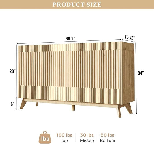 Fatmok Large Sideboard Buffet Cabinet with Storage, 65" Modern Fluted Credenza Buffet Table Coffee Bar Storage Cabinet with Doors & Adjustable Shelves for Living Room Kitchen Dining Room(Natural Oak)