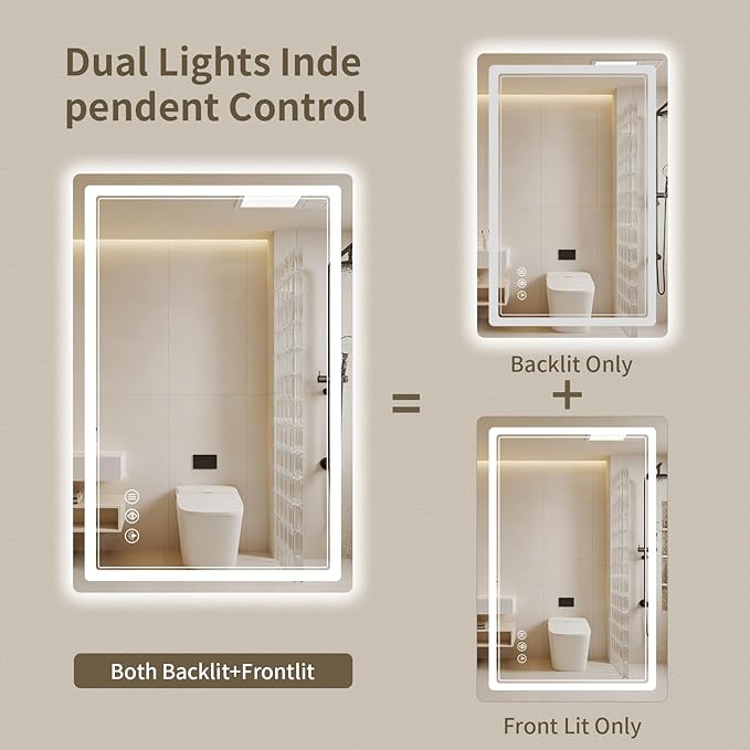 28"x36" LED Bathroom Mirror with Lights, Backlit + Front Lit, Anti-Fog, Lighted Bathroom Mirror for Wall, HD Shatterproof Tempered Glass, Dimmable, Memory Function (Horizontal/Vertical)