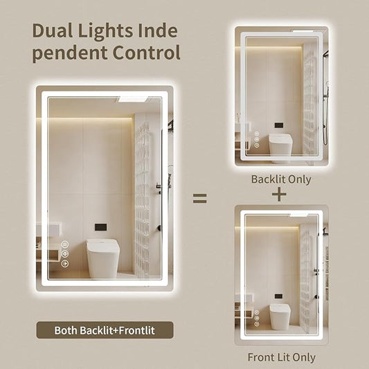 28"x36" LED Bathroom Mirror with Lights, Backlit + Front Lit, Anti-Fog, Lighted Bathroom Mirror for Wall, HD Shatterproof Tempered Glass, Dimmable, Memory Function (Horizontal/Vertical)