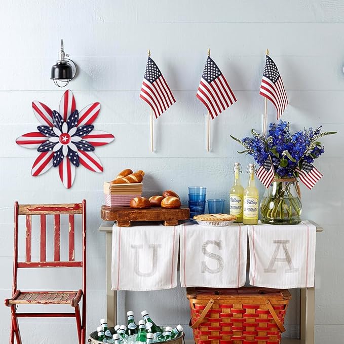hogardeck 4th of July Decorations Outdoor, 16 inch Red White and Blue Metal Flower Wall Art for Fourth of July Decor, Patriotic Decorations for Yard Garden Home Indoor Mantel