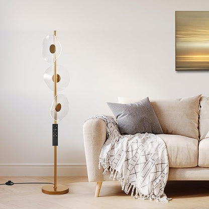LED Dimmable Floor Lamp with Remote & Foot Switch, 2700–6000K Adjustable Color Temperature & Stepless Dimming, Sculptural Leaf-Disc Tall Standing Lamp, Brass Gold Corner Lamp for Living Room Bedroom