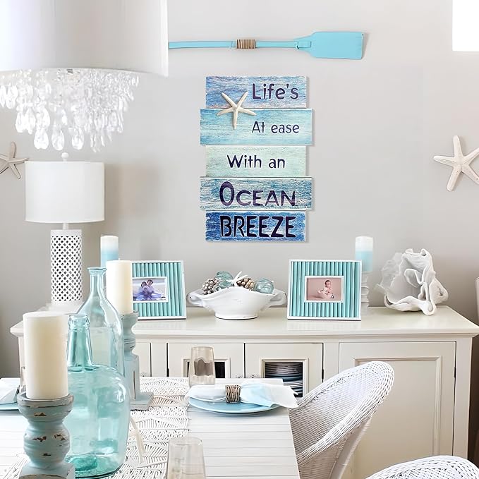 Coastal Wall Decor for Home, Beach Wall Art Wooden Hanging Sign with Starfish Element, Perfect Beach Themed Room Decor and Ocean Decor for Bathroom Bedroom Coastal Living Spaces 11.5" x 17"