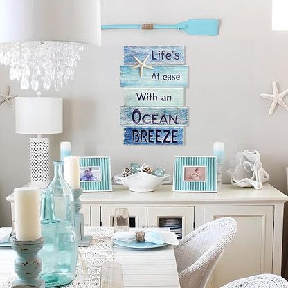Coastal Wall Decor for Home, Beach Wall Art Wooden Hanging Sign with Starfish Element, Perfect Beach Themed Room Decor and Ocean Decor for Bathroom Bedroom Coastal Living Spaces 11.5" x 17"