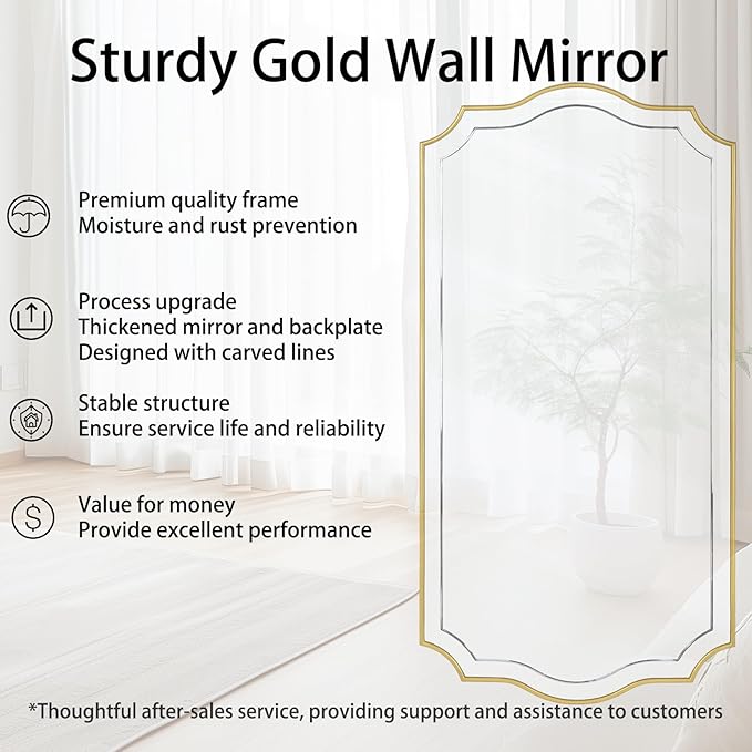 POZINO Large Scalloped Mirror, 63"x24" Rectangle Full Length Mirror with Gold Wood Frame, Modern Aesthetic Wavy Wall Mirrors for Living Room Bedroom Hallway Entryway, Horizontal or Vertical Hanging
