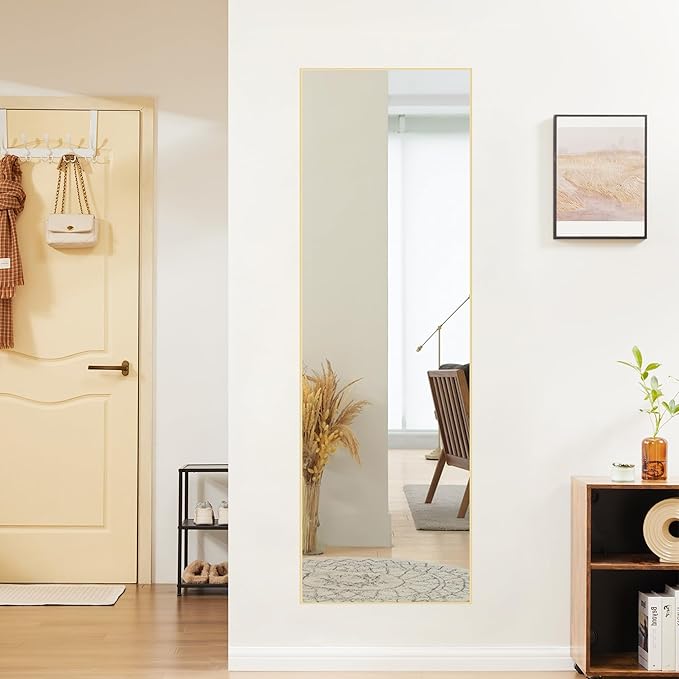 DUMOS Gold Full Length Mirror 59"x16.5" Full Body Floor Mirror for Bedroom or Cloakroom, Can Stand Alone, Hang or Lean Against Wall, Tall Wall Mirror with Stand and Sleek Aluminum Alloy Thin Frame