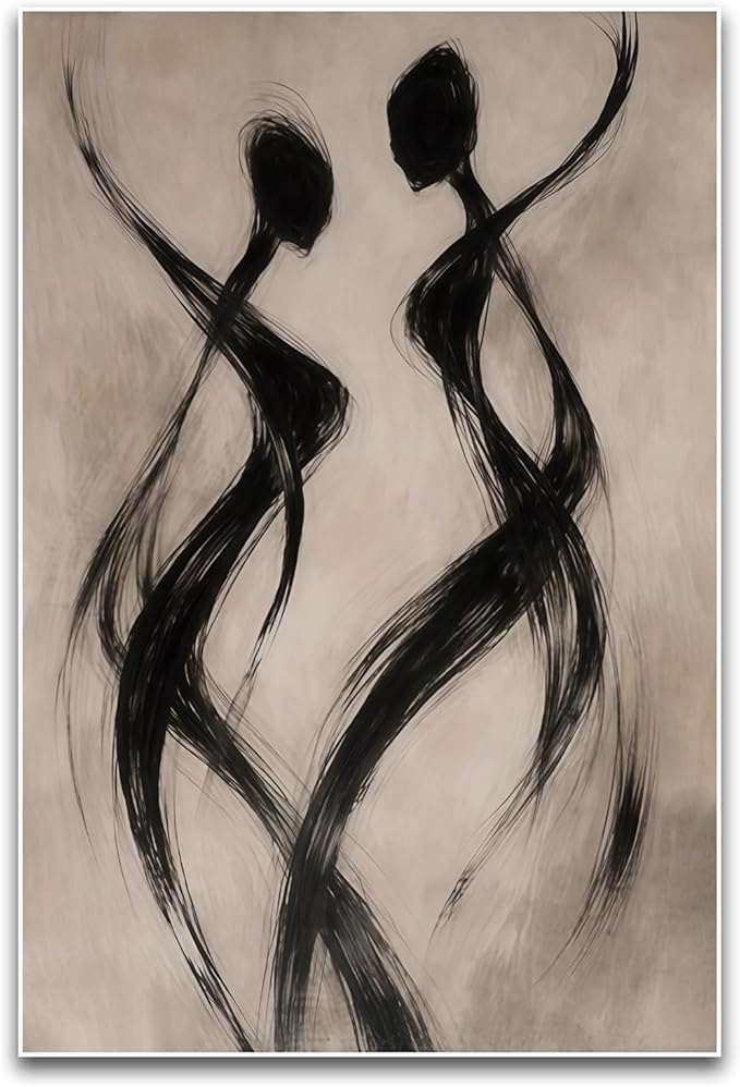 Abstract Dancer Wall Art Modern Black Brushstroke Figure Silhouette Elegant Minimalist Neutral Tone Home Living Room Bedroom Entryway Sophisticated Artistic Interior Decor Statement Piece 16x24 Inch Unframed