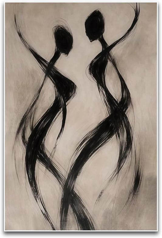 Abstract Dancer Wall Art Modern Black Brushstroke Figure Silhouette Elegant Minimalist Neutral Tone Home Living Room Bedroom Entryway Sophisticated Artistic Interior Decor Statement Piece 16x24 Inch Unframed