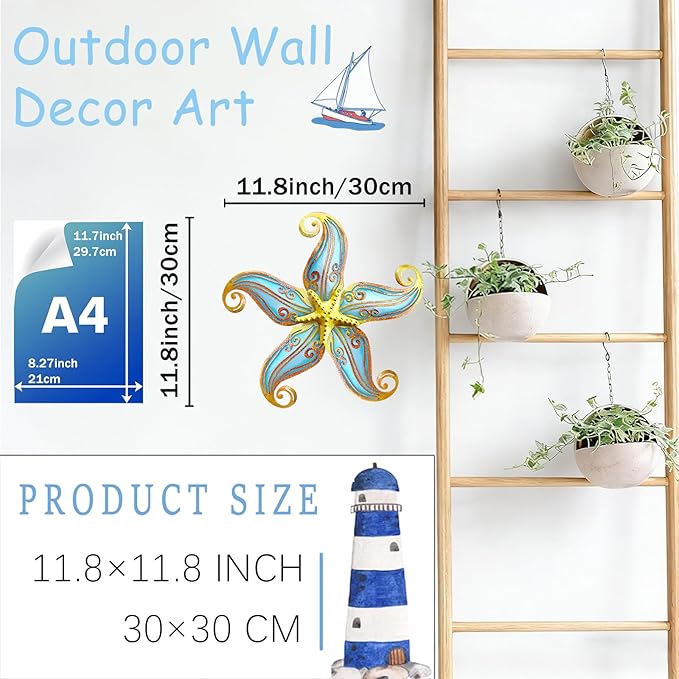 Starfish Outdoor Wall Decor, 12" Hanging Metal & Glass Sculpture for Indoor and Outdoor, Coastal Beach Ocean Gift for Garden Fence Patio(Blue)