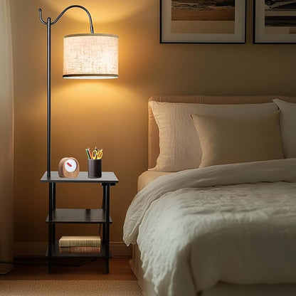 EOEYYOYB Floor Lamp with 3-Tier Shelves, End Table Lamp with USB Charging Port Power Outlet, Side Table Reading Light with 3 Color Temperature Led Bulb Included, Floor Lamps for Living Room, Black