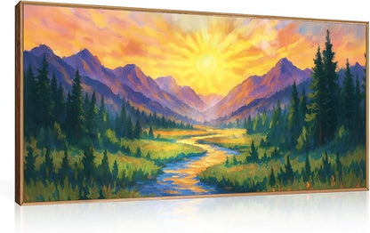 HPNIUB Boho Sunrise Mountain Framed Wall Art Set,Colorful Nature Wilderness Wall Decor,Abstract Landscape Art Print,Sunset Pine Tree Artwork for Living Room, Bedroom,Dining Room,Office-20''x40''