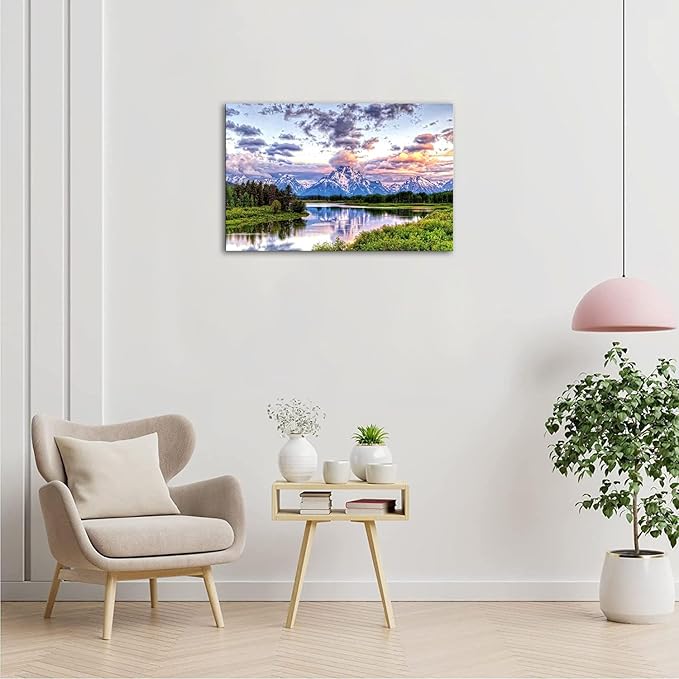 SKASNFAI Mountain Wall Decor Canvas Painting Grand Teton Wall Art Oxbow Bend National Park Landscape Poster Artwork Framed Pictures for Living Room Bedroom (16x24 inch)