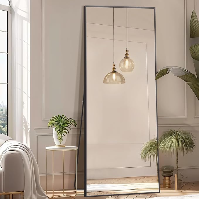 MELOMOIR 64"x21" Full Length Mirror, Floor Mirror with Stand Hanging or Leaning, Aluminum Alloy Frame Full Body Mirror for Bedroom Living Room Cloakroom Hallway, Wall Mirror Full Length, Black