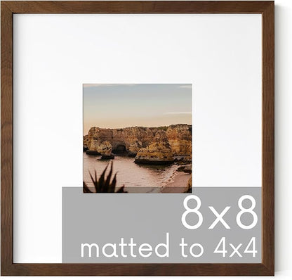 HAUS AND HUES Walnut Oak Wood 8x8 Picture Frame Matted to 4x4 - Square Frame with Plexiglass, Contemporary Frame for Photos and Art (8x8 in, Walnut, Set of 1)