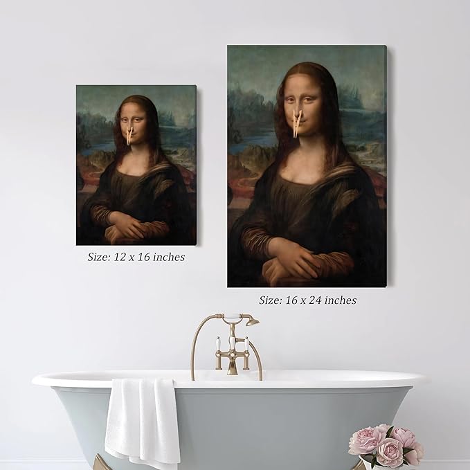 FWAHREN Funny Mona Lisa Bathroom Canvas Wall Art, Framed Vintage Painting Pictures Artwork, Black and White Mona Lisa with Clothespin Nose Poster Wall Decor for Restroom Toilet, Wrapped Canvas 12x16in