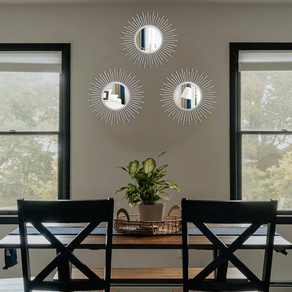 3 Set Sunburst Mirrors for Wall Decor Living Room Bedroom Bathroom Dining Room Metal Boho Sunburst Wall Mirror Set Gold Metal Vintage Circle Art Pack - Silver 11.8 in