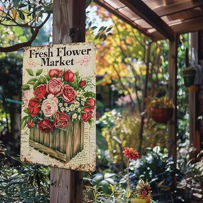 Metal Signs Fresh Flower Market Vintage Signs Retro Aluminum Tin Sign for Garden Home Bar Cafe Decor 8x12 Inch