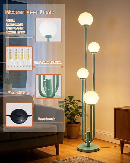 Lightdot Green Globe Floor Lamp 4-Lights Dimmable Floor Lamps with 3000K Bulbs Included Unique Modern Standing Tall Lamp with 5Lbs Heavy Base for Living Room/Bedroom
