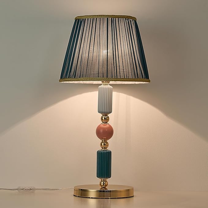 Green Fabric Shade Table Lamp Modern Metal Desk Lamp with Plug Cord Switch for Bedroom Bedside