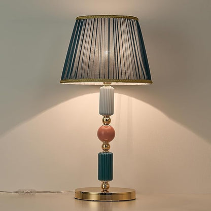 Green Fabric Shade Table Lamp Modern Metal Desk Lamp with Plug Cord Switch for Bedroom Bedside