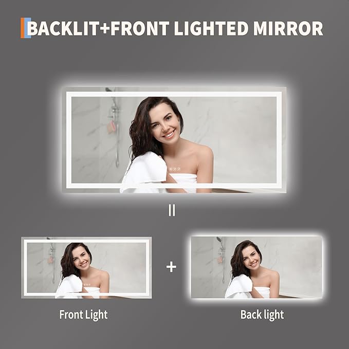 GarveeHome 60x30 LED Bathroom Mirror with Lights, Dimmable, Anti-Fog, Backlit + Front Lit, Lighted Bathroom Vanity Mirror for Wall, Memory Function, Tempered Glass, Shatter-Proof (Horizontal/Vertical)