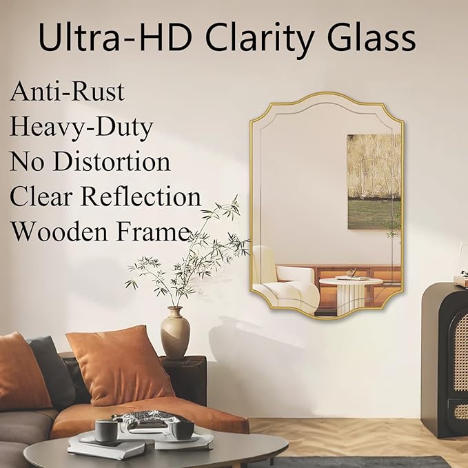 POZINO Gold Scalloped Mirror, 24"x36" Modern Rectangle Aesthetic Mirror with Wood Frame, Irregular Wavy Mirrors for Bathroom Living Room Bedroom Entryway Hallway, Hangs Vertically or Horizontally