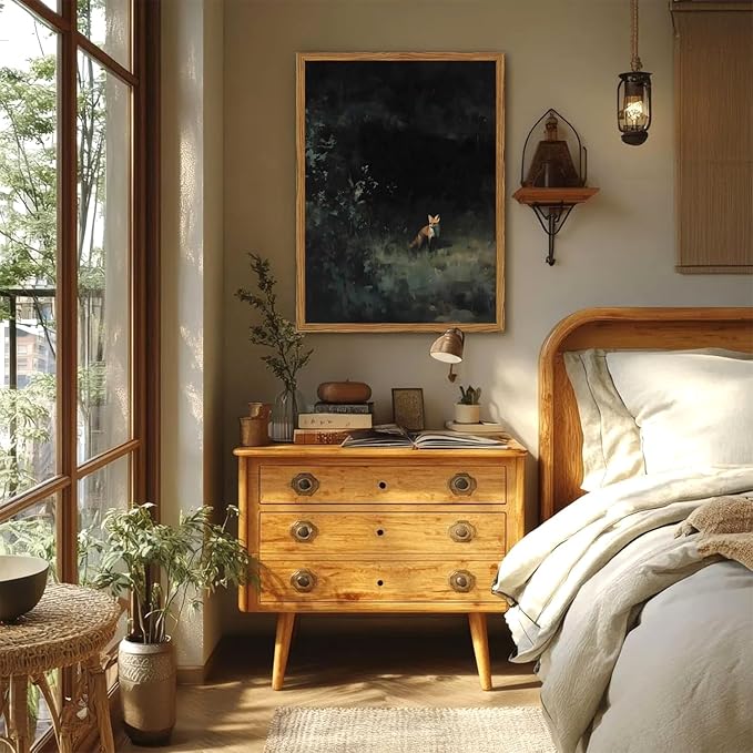 Framed Vintage Wall Art, Cottagecore Fox Wall Decor Paintings, Rustic Forest Animal Landscape Pictures Canvas Prints Country Farmhouse Home Decor for Living Room Bedroom 16x24 inch