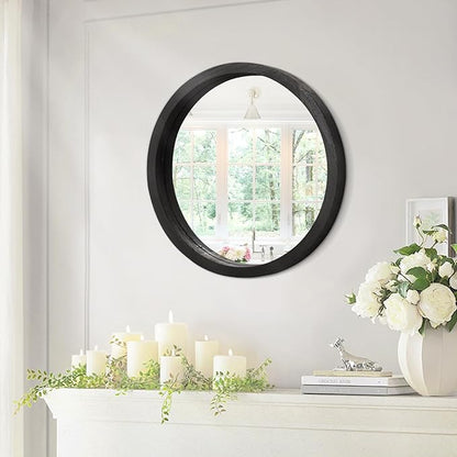 JJUUYOU Circular Wall Mirror Round Mirror for Bathroom Black Small Circle Wall Mounted Mirror for Decor Wood Framed Make up Mirror for Farmhouse Living Room Bedroom 16Inch