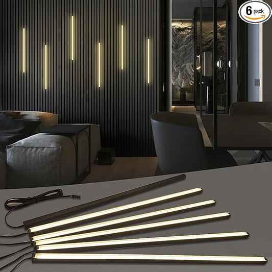 HAMRVL Black LED Recessed Lighting Kit - 6 PCS 16-Inch 3000k Dimmable Warm White LED Lights with Touch Switch, Wall Panel Light for Wood Slat Wall Panels, Headboards, Stairs, Under Cabinet, Home Decor