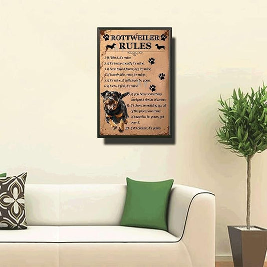 Metal Sign Tin Sign Vintage Wall Art Rottweiler Rules Sign for Garden for Bar 8×12 Inches with Metal Frame