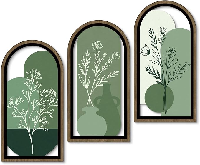 Putuo Decor Boho Botanical Wall Art Set of 3, Abstract Floral Artwork with Vase and Green Tones, Mid Century Modern MDF Wooden Wall Decor for Living Room Bedroom Office, Arch Design 16x8in
