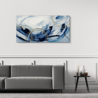 yiijeah Large Canvas Wall Art for Living Room - Blue and White Abstract Picture Framed Artwork for Walls Bohemian Minimalism Prints Paintsings Wall Decor for Office Bedroom 40x20 Inches