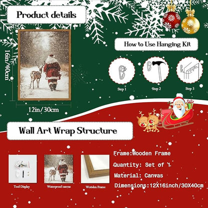 Framed Vintage Christmas Canvas Wall Art, Santa Claus Reindeer Snowy Forest Wall Decor Paintings, Rustic Winter Holiday Aesthetic Pictures Prints Xmas Home Decor for Living Room Bedroom 12×16 inch