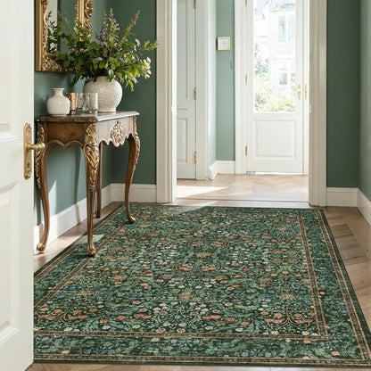 Rugxara 4x6 Area Rugs for Living Room Bedroom, Large Washable Rug, Green Vintage Floral Boho Rug, Non Slip & Low Pile Wool Accent Carpet for Indoor Dining Room, Kids Room and Office(Green 4x6ft)