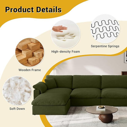 Cloud Modular Couch for Living Room,5 Seat V Shape Linen Blend Sofas,Modern Deep Seat Cloud Sofas,Convertible Comfort Down Filled Sectional Couches,Removable Washable Cushion Covers,Green