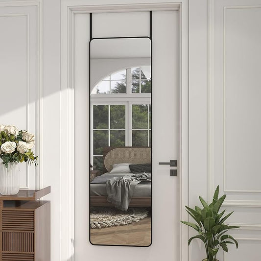 Full Length Door Mirror 14x48, Metal Frame with Protective Film, No-Drilling Hanging or Wall Mount (Horizontal/Vertical), Hooks & Hardware Included, Full Body Mirror for Bedroom, Dorm, Black