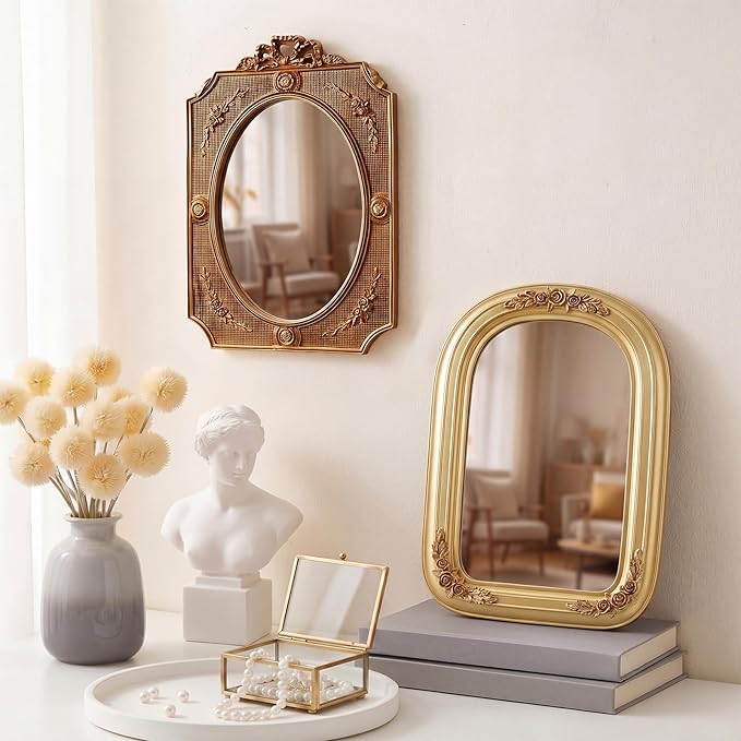 Wonderjune 5 Pcs Vintage Mirrors for Wall Decor Gold Antique Resin Frame Oval Rectangle Mirror for Home Decor Photography Props Gifts (Baroque Style)