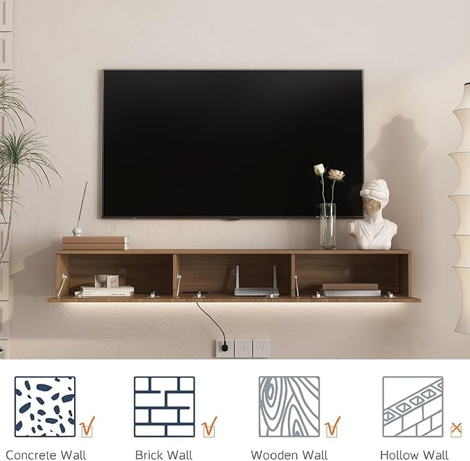 KEIKI 65" Floating TV Stand Wall Mounted with 16 Color LEDs & Power Outlets for TVs Up to 70 Inch, Wooden Media Console Entertainment Center Television Table Cabinet for Living Room, Bedroom