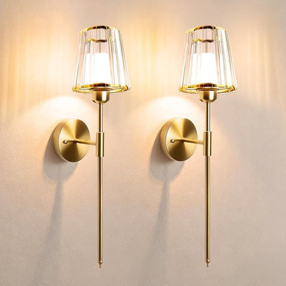 Adetu Crystal Battery Operated Wall Sconce Set of 2, Gold Rechargeable Wall Sconce with 10000mAh Magnetic Bulbs and Remote Control, RGB Dimmable Wireless Battery Wall Lights for Bedroom Living Room