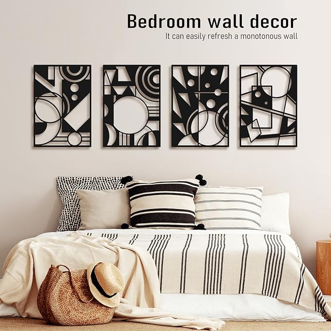 Bakovity Black Abstract Wall Art, Metal Art Wall Decor, Large Geometry Art, Modern 3D Abstract Wall Sculptures for Bedroom Bathroom Living Room (4 Pack, 22.5 x 16 in)
