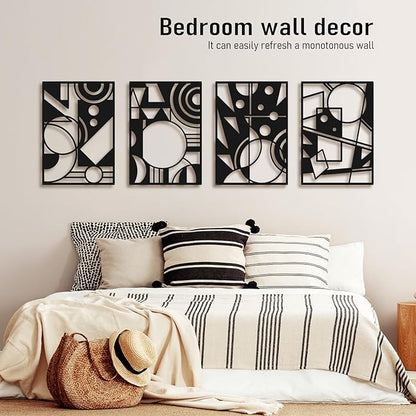 Bakovity Black Abstract Wall Art, Metal Art Wall Decor, Large Geometry Art, Modern 3D Abstract Wall Sculptures for Bedroom Bathroom Living Room (4 Pack, 22.5 x 16 in)