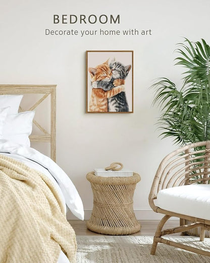 VIYYIEA Framed Canvas Wall Art Home Decor Aesthetic for Living Room, Vintage Wall Art, Framed Prints Painting Animal Artwork Bedroom Pictures Kitchen, Gifts for Friends or Family - Cat Hug, 16L x 12W