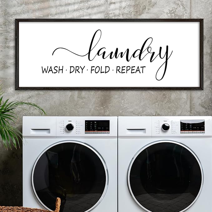 Laundry Room Wall Decor Sign 40"×15" Bathroom Laundry Rules Wash Dry Fold Repeat Large Wood Framed Wall Hanging Art (Black)