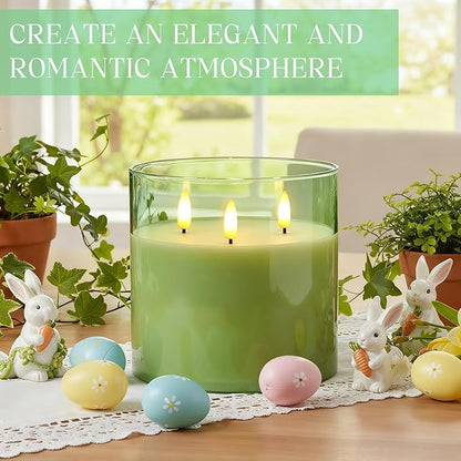 Retisee 6'' x 6'' Extra Large Flameless Candles, 3 Wick Glass Large Candles with Remote Control and Timer Function, Real Wax LED Pillar Flickering for St. Patrick's Spring Party Decor(Green,1 Pcs)