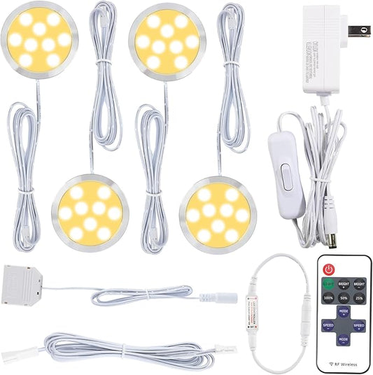 LED Puck Light Fixtures for Shelf, Home Kitchen Under Lighting, 110V Electric Wall Plug-in, Wireless Dimmable Remote Control, 4 Ways Octopus Parallel Wiring, 4 Lights, Warm White