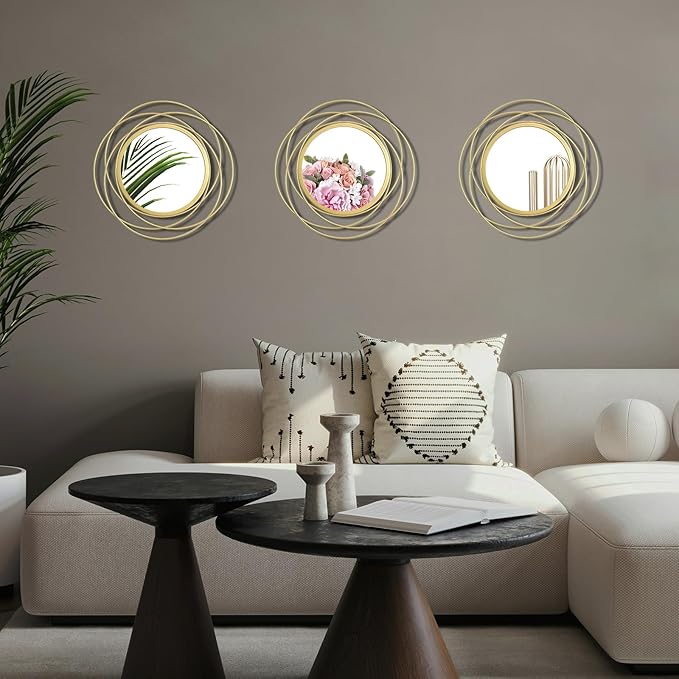 3 Set. Round Mirrors for Wall Decor Living Room Bedroom Bathroom Dining Room Metal Circle Mirror Set Boho Decorative Sunburst Wall Art Accent Entryway - Gold 9.5 in.