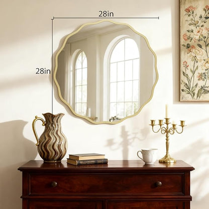 HOMECOOKIN 28" Wavy Round Wall Mirror, Gold Scalloped Circle Mirror Edge Round with Metal Frame, Modern Decorative Hanging/Leaning Mirrors for Bathroom, Hotels, Hallway, Entryway, Vanity, Office