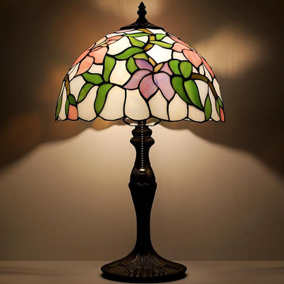 Tiffany Lamp Stained Glass Table Lamp Bedside Reading Lamp 12 x 19” Pink Flower Style Decorative Lamp for Desk Study Living Room Bedroom Office Decor Gift